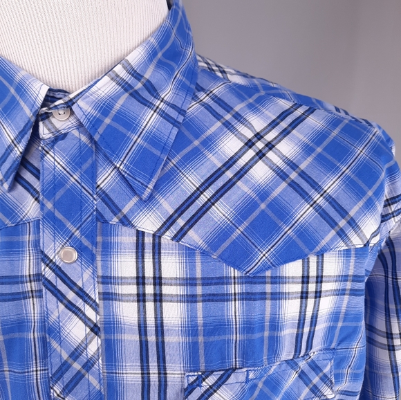 Wrangler Wrancher Western Blue Plaid Shirt Size Men's Xl Pearl Snap Long Sleeve - Picture 9 of 11